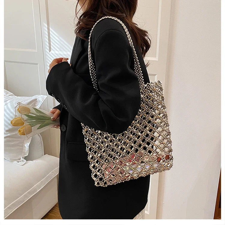 2026 Fashion Exquisite Bead Sense of Luxury Hollow Out Women‘s Handbags Hot Sale New No Zipper Acrylic Square Shoulder Bags