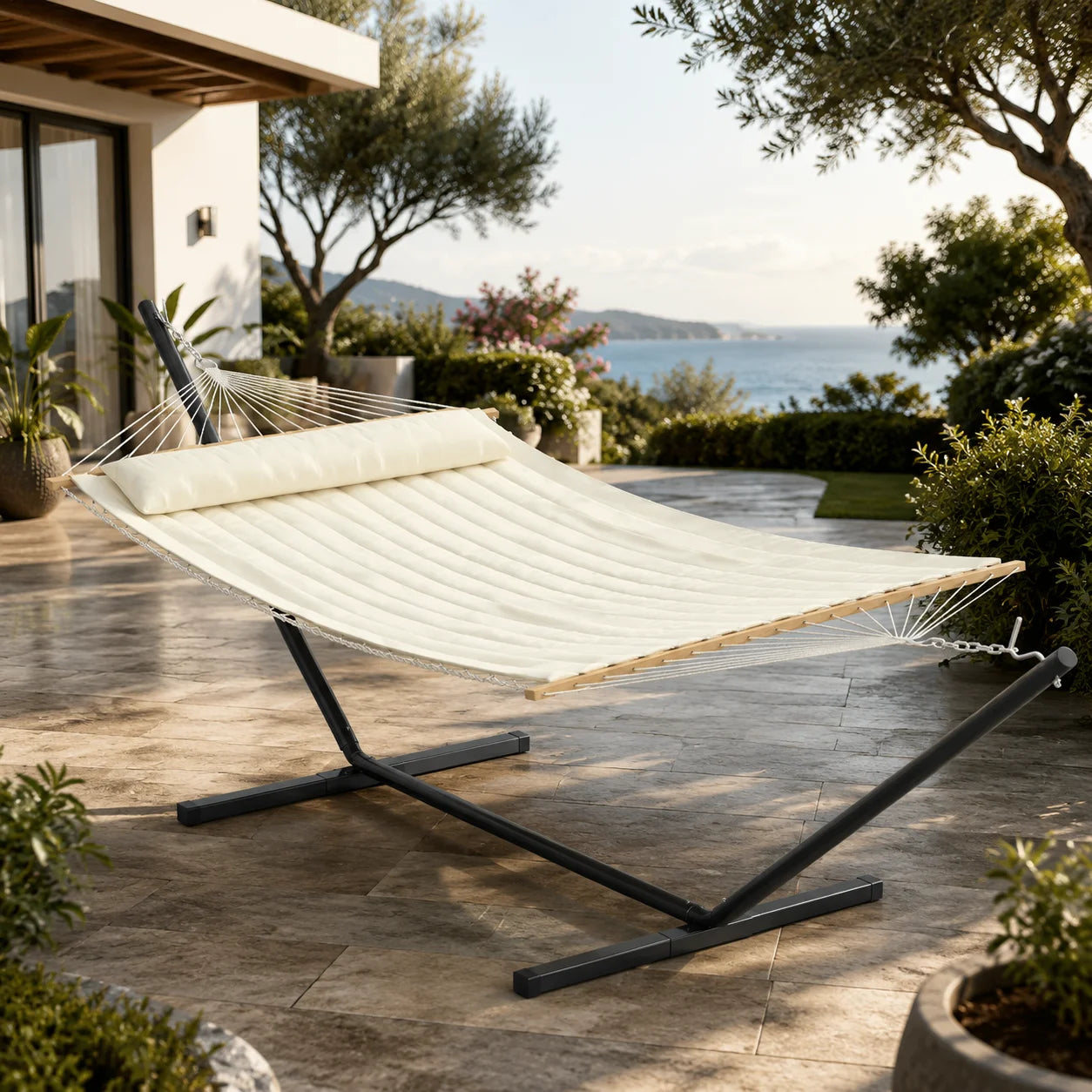2 Person Outdoor Hammock with Stand, Heavy Duty Portable Hammock Set with Pillow & Balance Ropes, 450 Lb Capacity, UV-Resistant Poly-Cotton Fabric for Patio Backyard Beach, Beige