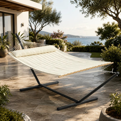 2 Person Outdoor Hammock with Stand, Heavy Duty Portable Hammock Set with Pillow & Balance Ropes, 450 Lb Capacity, UV-Resistant Poly-Cotton Fabric for Patio Backyard Beach, Beige