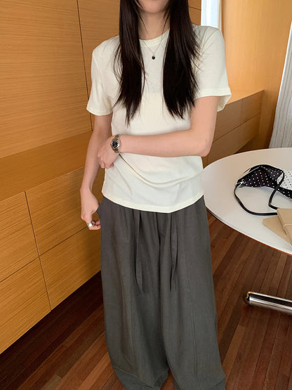 RZIV Summer women's casual solid color round neck short sleeved T-shirt