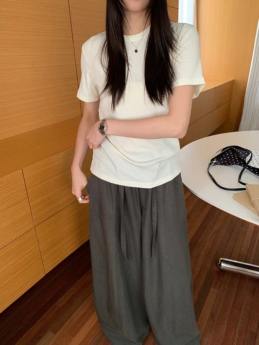 RZIV Summer women's casual solid color round neck short sleeved T-shirt