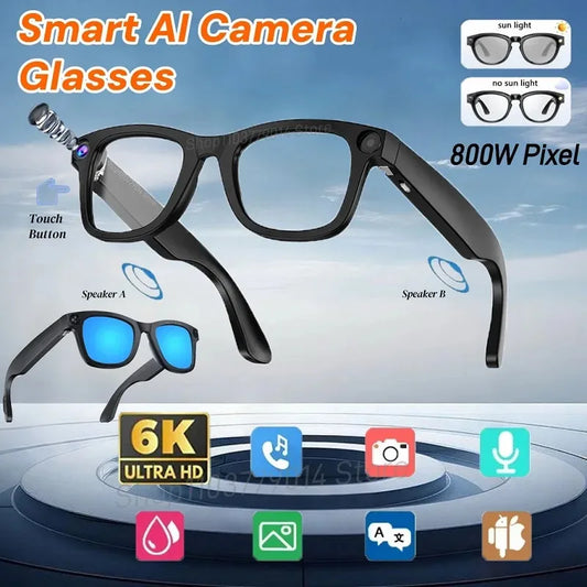 AI Smart Camera Glasses 6K HD 800W pixel Shooting Camera Photo Video Voice Call Translation Waterproof Bluetooth AI Glasses