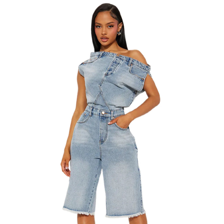 Jumpsuits Women Denim One Piece Short Sleeve Overalls Knee Length Pants Tight Waist Rompers Y2k Streetwear Slash Neck 2026
