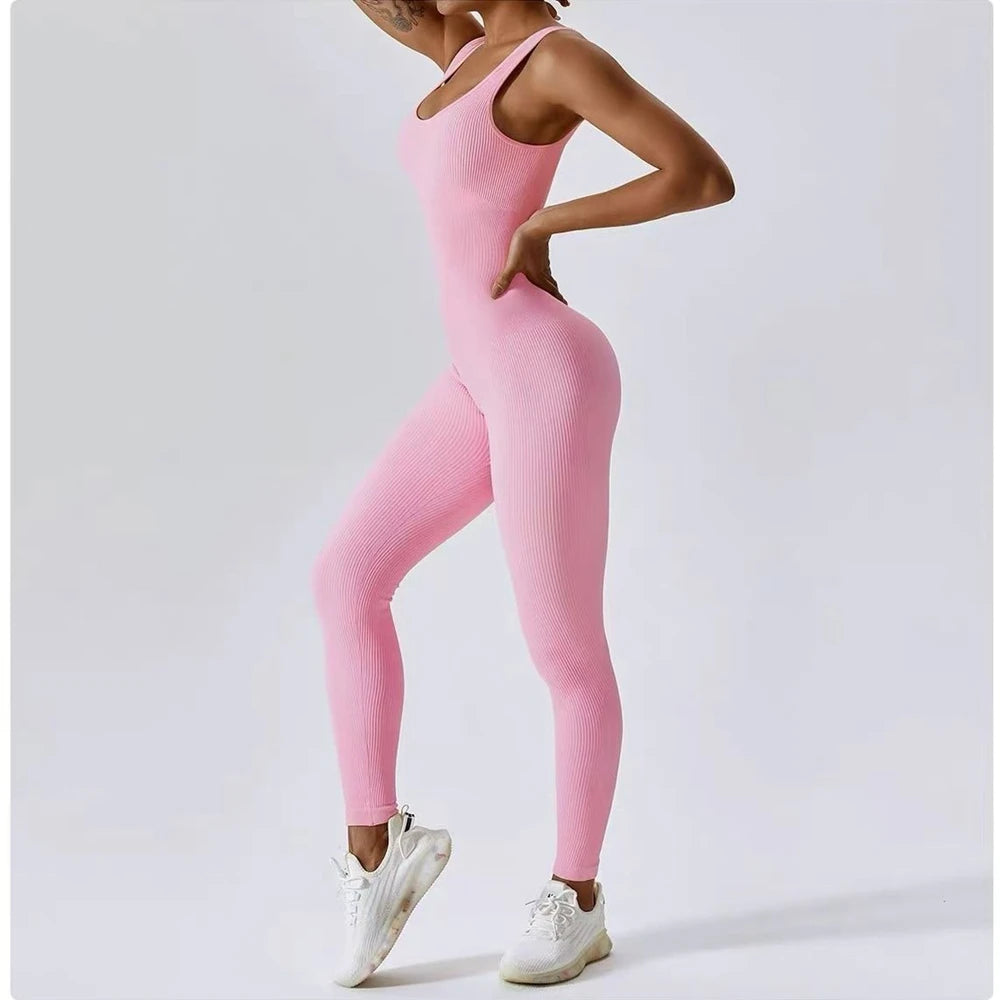 Womens Jumpsuits Sleeveless Yoga Slim Fit Stretch Thin Screw Thread One Piece Romper Sexy Fitness Female Sportwears Chest Pads
