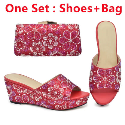 Classics Design Nigerian Women Shoes Matching Bag Set with Shinning Crystal Wedges Shoes for Women Italian Women Party Pumps