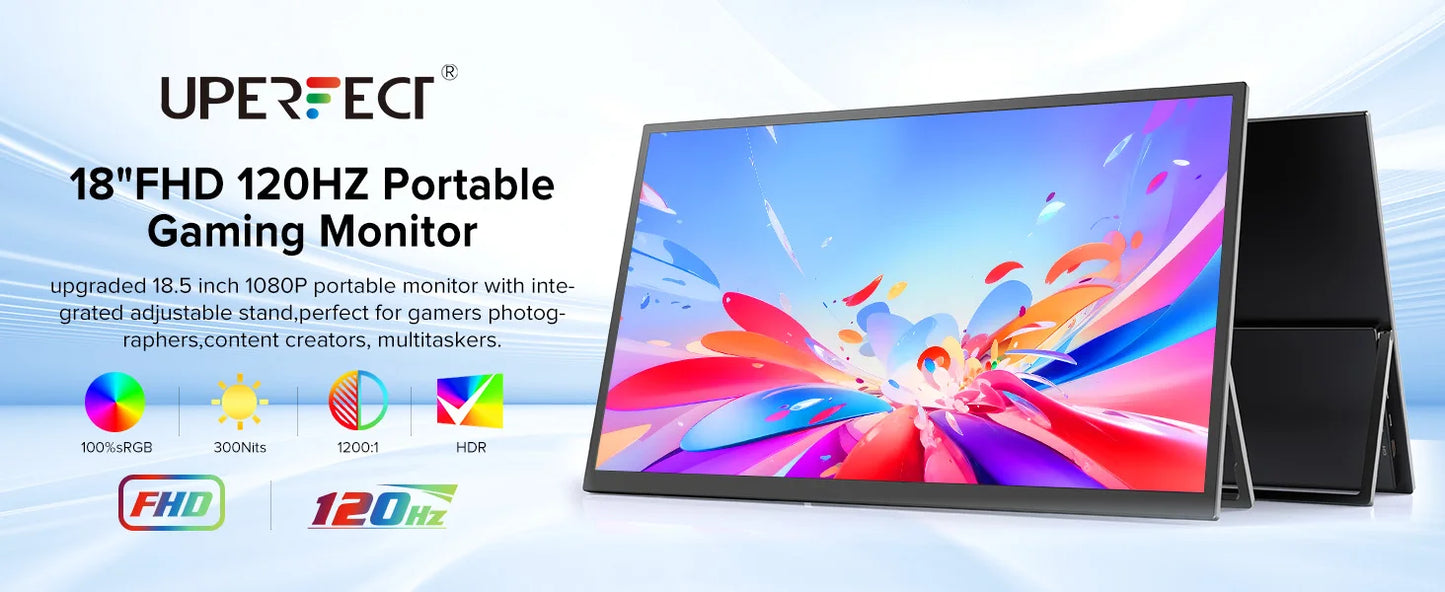 UPERFECT Portable Monitor 18.5" 1080P 100% sRGB 120Hz IPS HDR FreeSync HDMI USB-C Travel Screen for Laptop MacBook PC Surface PS5 Xbox Large External Display with Kickstand & Speakers VESA Compatible