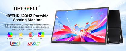 UPERFECT Portable Monitor 18.5" 1080P 100% sRGB 120Hz IPS HDR FreeSync HDMI USB-C Travel Screen for Laptop MacBook PC Surface PS5 Xbox Large External Display with Kickstand & Speakers VESA Compatible