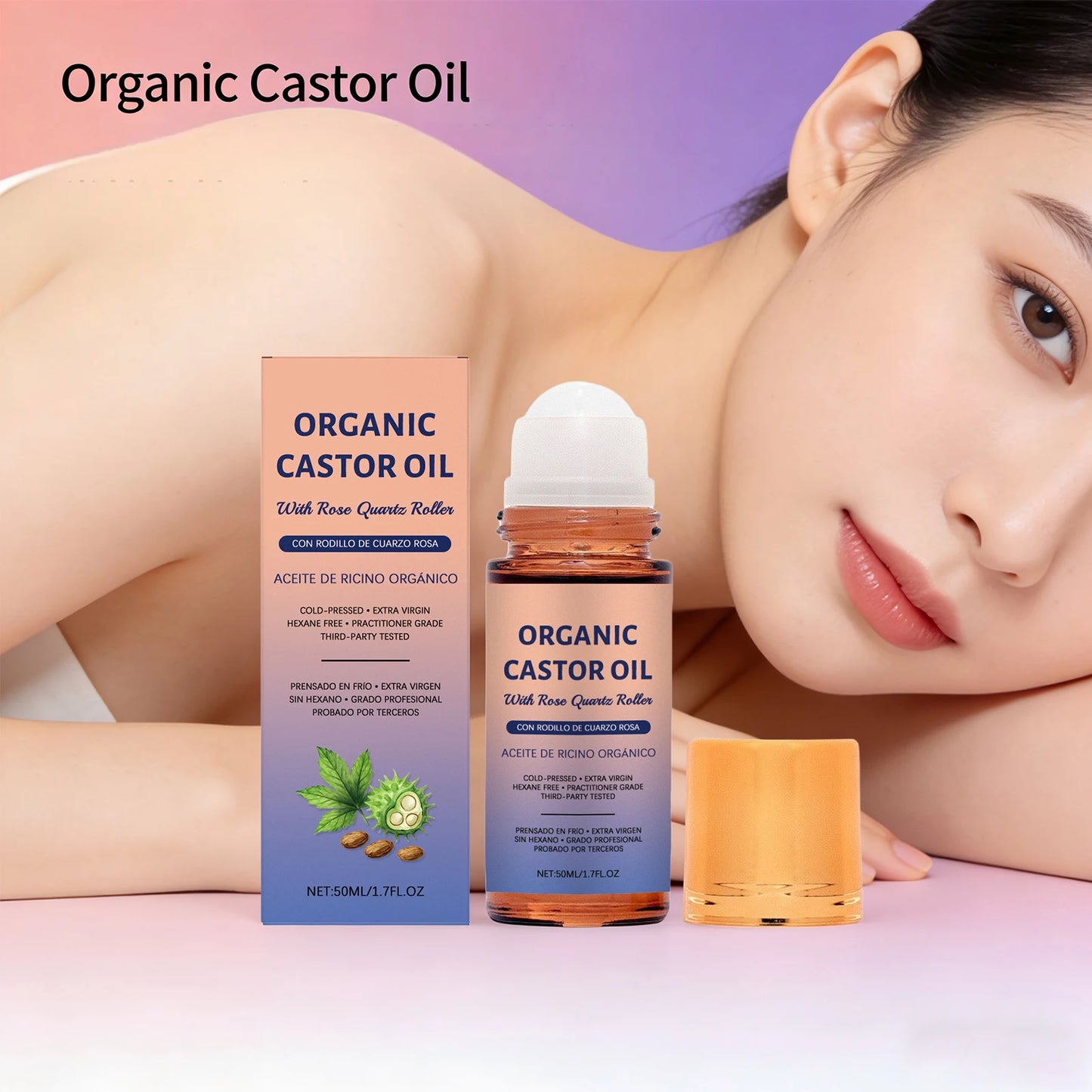 Organic Castor Oil Roller Cold Pressed Unrefined Essential Oil for Hair Eyelash Nail Growth Moisturize Skin Hair Massage Oil
