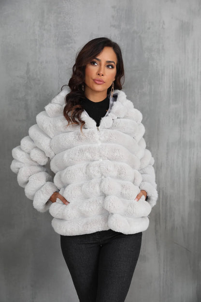2026 Winter Hooded Plus Size Faux Fur Cropped Coat Women Furry Long Sleeve Plush Jacket Lady Large Fake Fur Warm Fluffy Cardigan