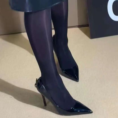 Early Spring New Women's High Heels, Slim Heels, Pointed Metal Sword, sexy Ladies, Black Patent Leather Single Shoes