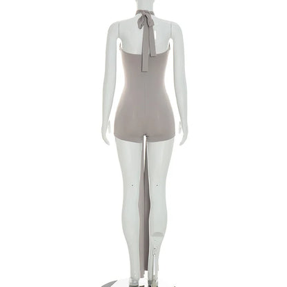 Joskaa Sexy Backless Bandage Playsuits Women Summer Trend Halter  Sleeveless Ribbons Skinny Rompers Holiday Elegant Outwear