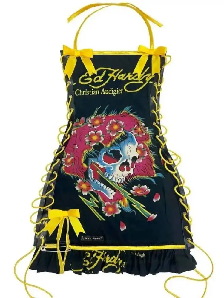 Halter Printed Y2k Line Up Wacky Contrast Dress Women Gothic Party Sexy Hollow Bandage Halloween Makeup Dresses Outwear LX61