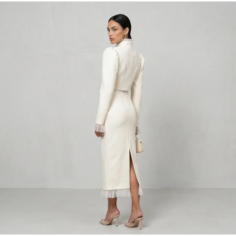 White Women's mesh two piece set Puff Sleeve V Neck blazer two piece dress set Daily Commuter Party  Outfit 2026 Summer Style