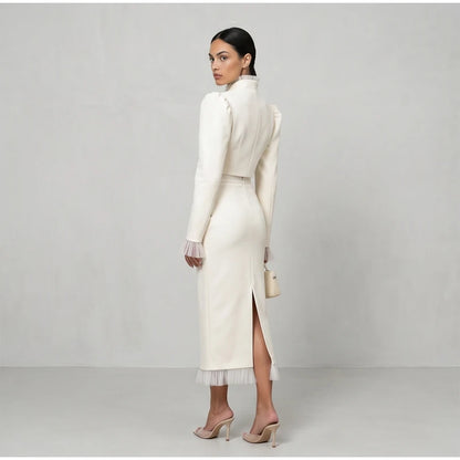 White Women's mesh two piece set Puff Sleeve V Neck blazer two piece dress set Daily Commuter Party  Outfit 2026 Summer Style