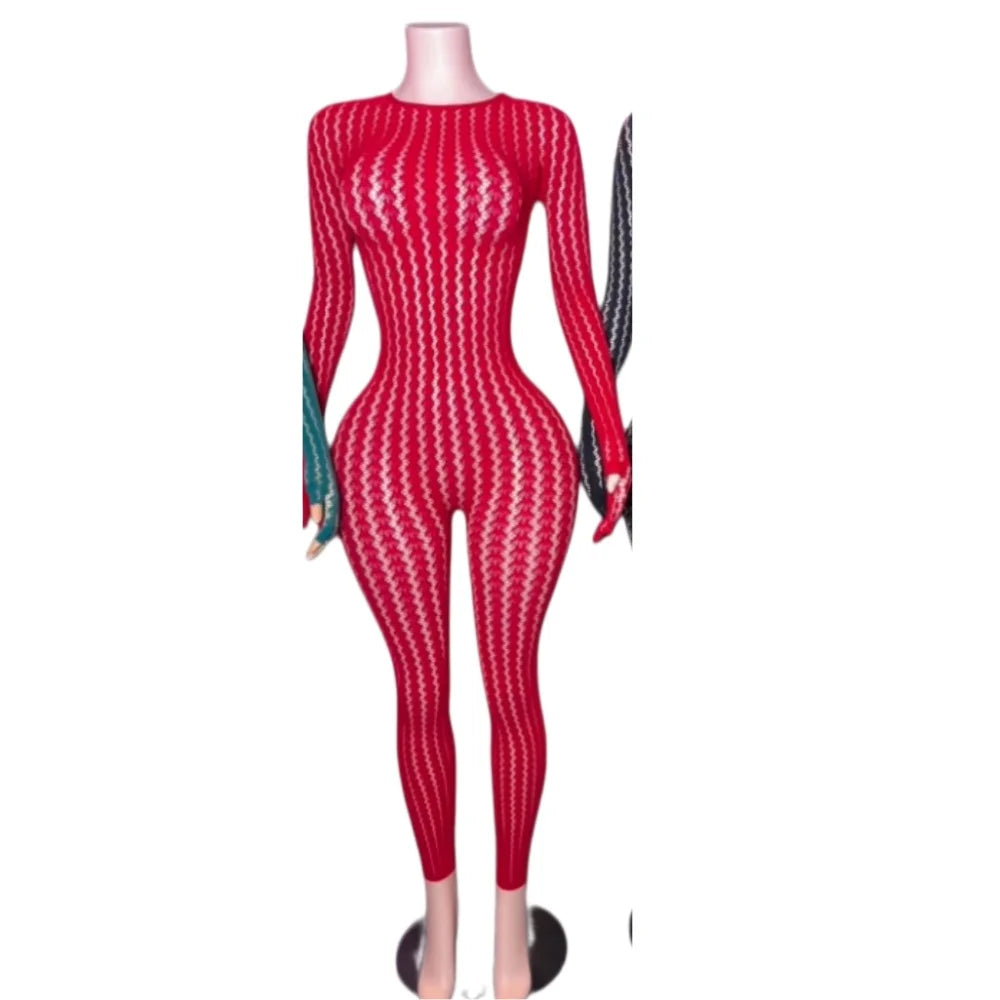 FAGADOER Women Sexy Mesh Lace Jumpsuits Fashion Long Sleeves Round Neck Vertical Striped Sheer Bodycon Rompers Summer Playsuits