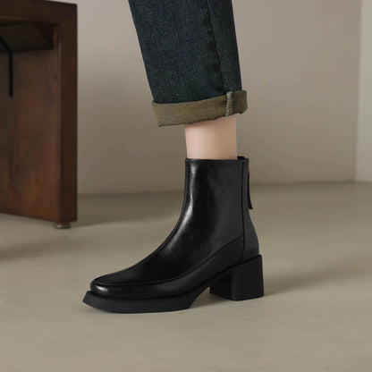 Plus Size 34-43 Cow Skin Round Toe Zipper High Heels Modern Motorcycles Boots Warm Winter Shoes Dating Retro Brand Ankle Boots