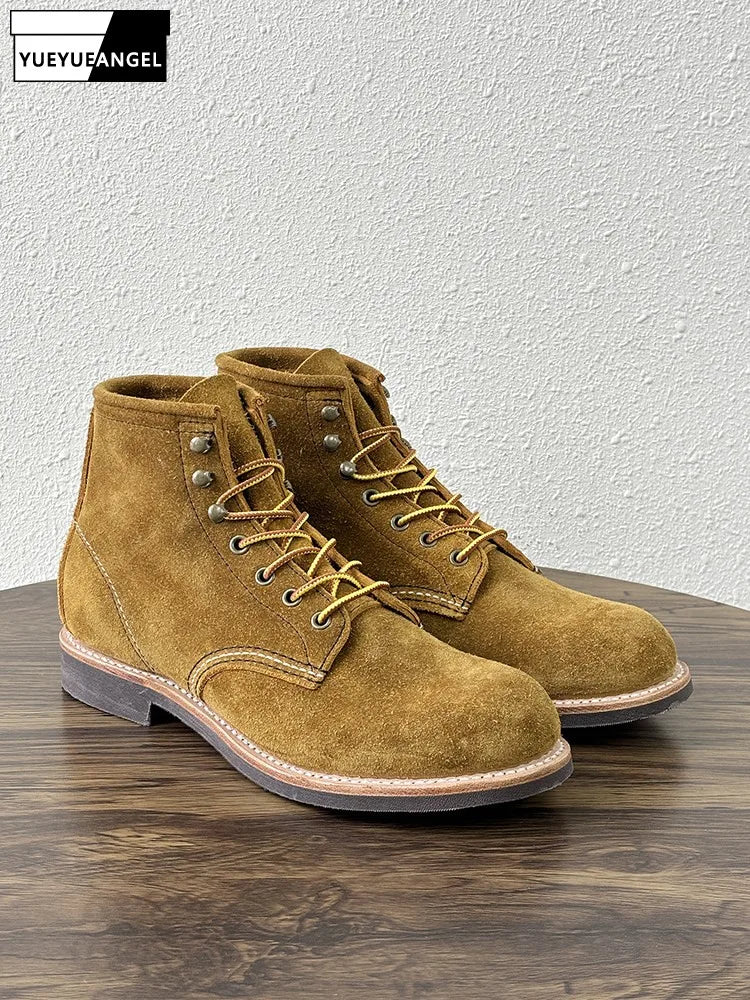 Mens Lace Up High Top Real Cow Suede Leather Work Shoes High Quality Ankle Boots Motorcycle Riding Safety Shoes Vintage Boots 45