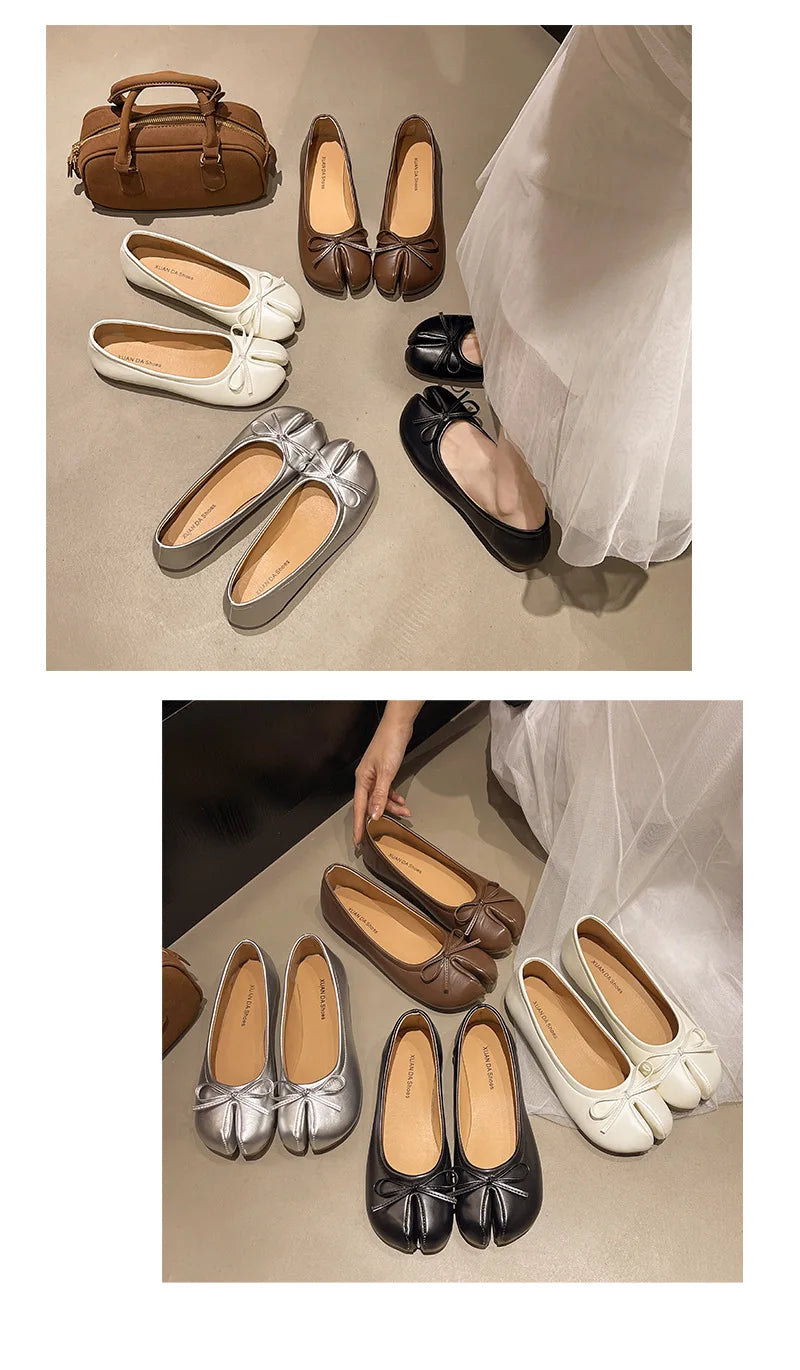 Luxury Brand Spring Retro Women's Bow Split Hoof Toe Single Shoes Comfortable Rubber Bottom Ladies Tabi Ninja Ballet Flat Shoes