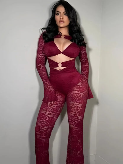 Sexy Deep V Ring Buckle Strap Flared Sleeve Bodycon Jumpsuits for Party Evening Dress