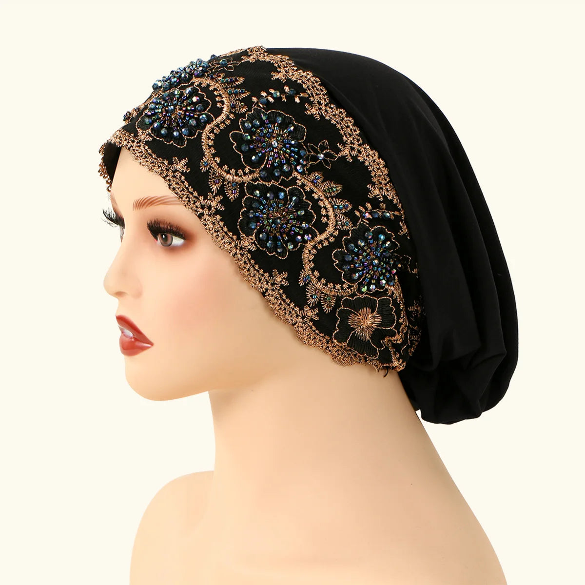 Luxury Embroidery Lace Turban Cap Muslim Women Floral Rhinestone Modal Head Cover Hat Islamic Headwear Bonnet Female Head Wraps