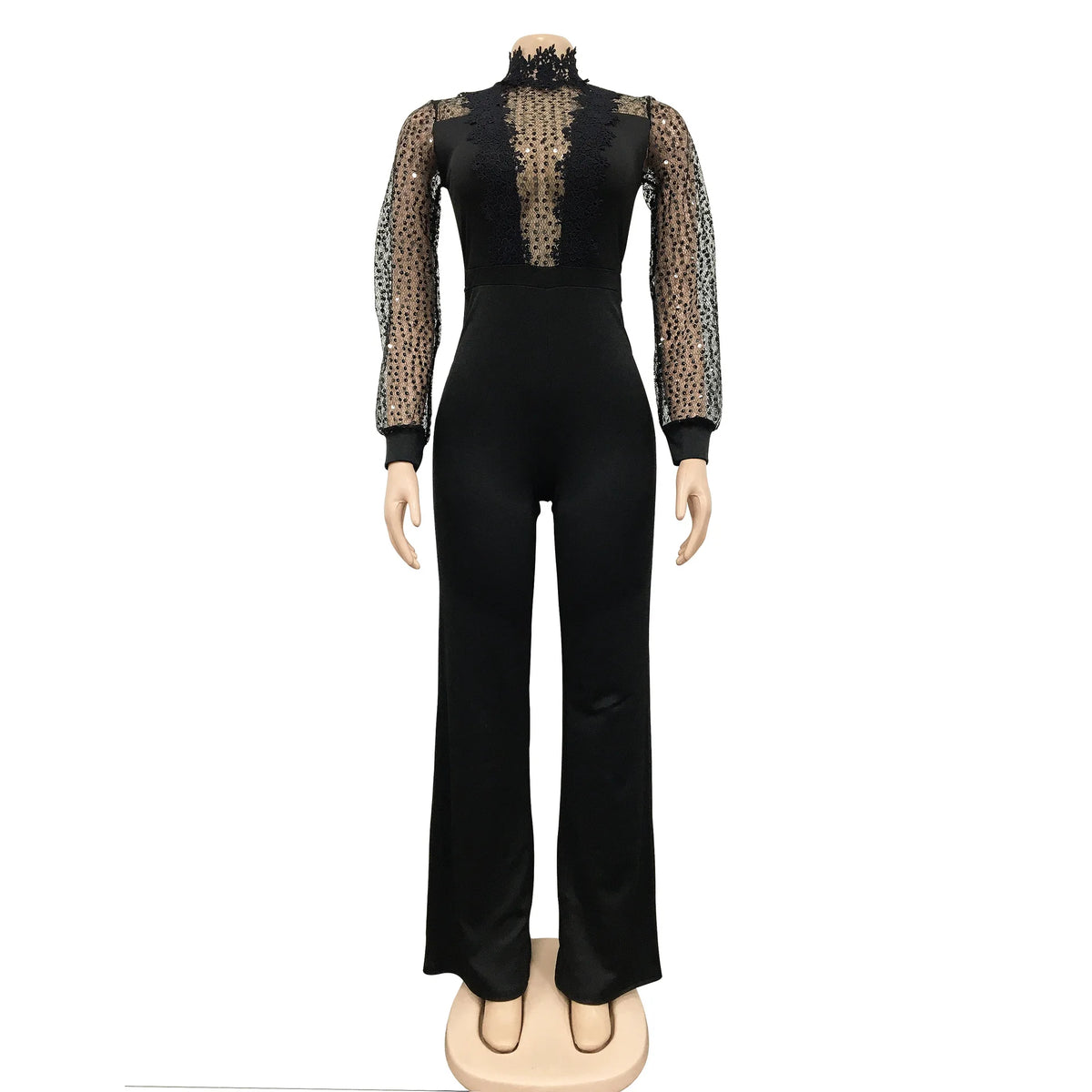 HBLL Women Sequin Lace Jumpsuit Elegant Long Sleeve Wide Leg Pants Sexy See Through Evening Party Outfits Jumpsuits With Belt