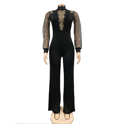 HBLL Women Sequin Lace Jumpsuit Elegant Long Sleeve Wide Leg Pants Sexy See Through Evening Party Outfits Jumpsuits With Belt