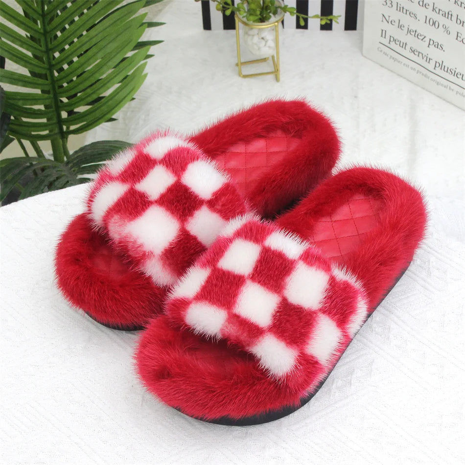 2026 Women Real Mink Fur Slippers Indoor Outdoor Luxury Shoes For Women Comfort Platform Fluffy Slipper Slides For Woman Summer