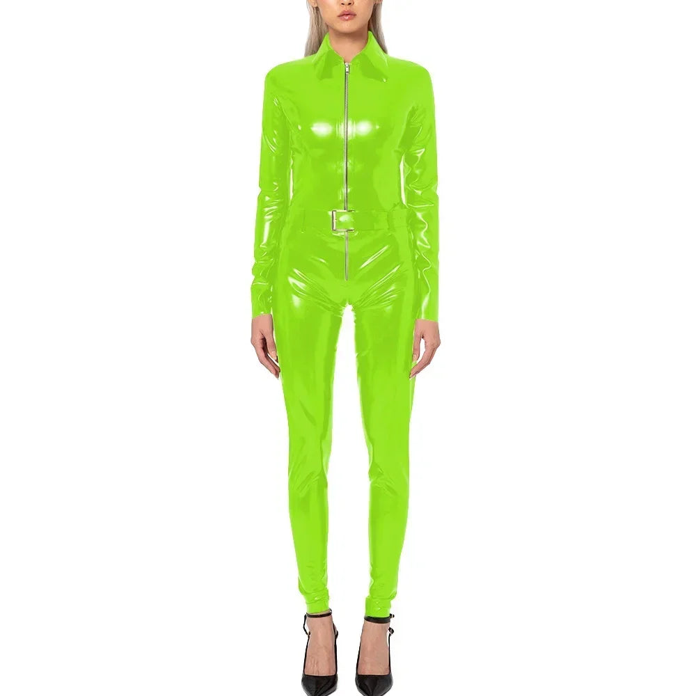 Plus Size Faux Latex Catsuit Elastic PVC Leather Zipper Long Sleeve Jumpsuit Tight Sexy Cosplay Rompers Ankle-length Club Zentai