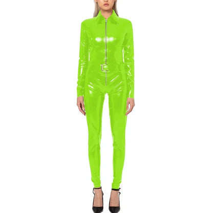 Plus Size Faux Latex Catsuit Elastic PVC Leather Zipper Long Sleeve Jumpsuit Tight Sexy Cosplay Rompers Ankle-length Club Zentai