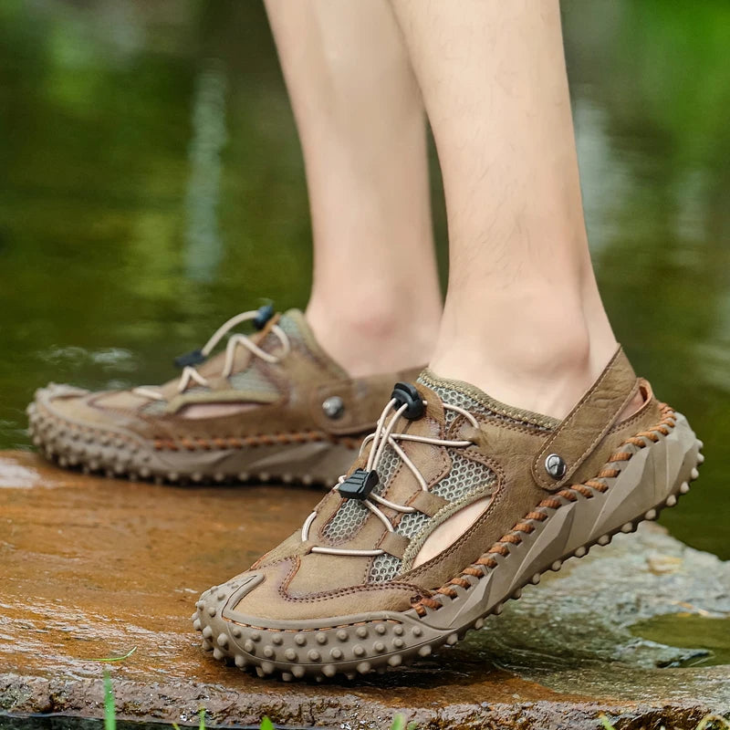 Mens Sandals Summer Outdoor Casual Mesh Hollow Walk Fishing Wading Shoes Lightweight Non Slip Hand Sewn Beach Slippers Man
