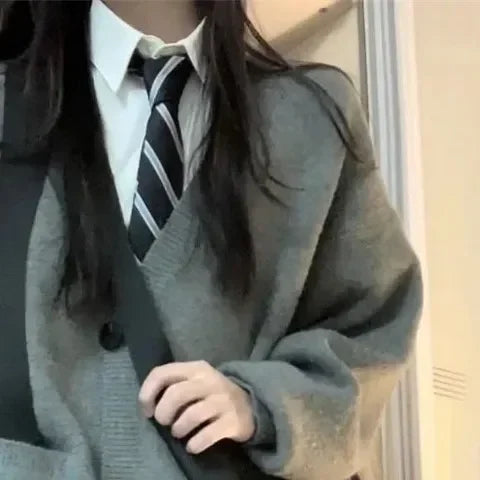 Japanese and Korean College Style V-neck Autumn Winter Grey S-8XL School Uniform JK Long Sleeve Women's Role Play School Girl