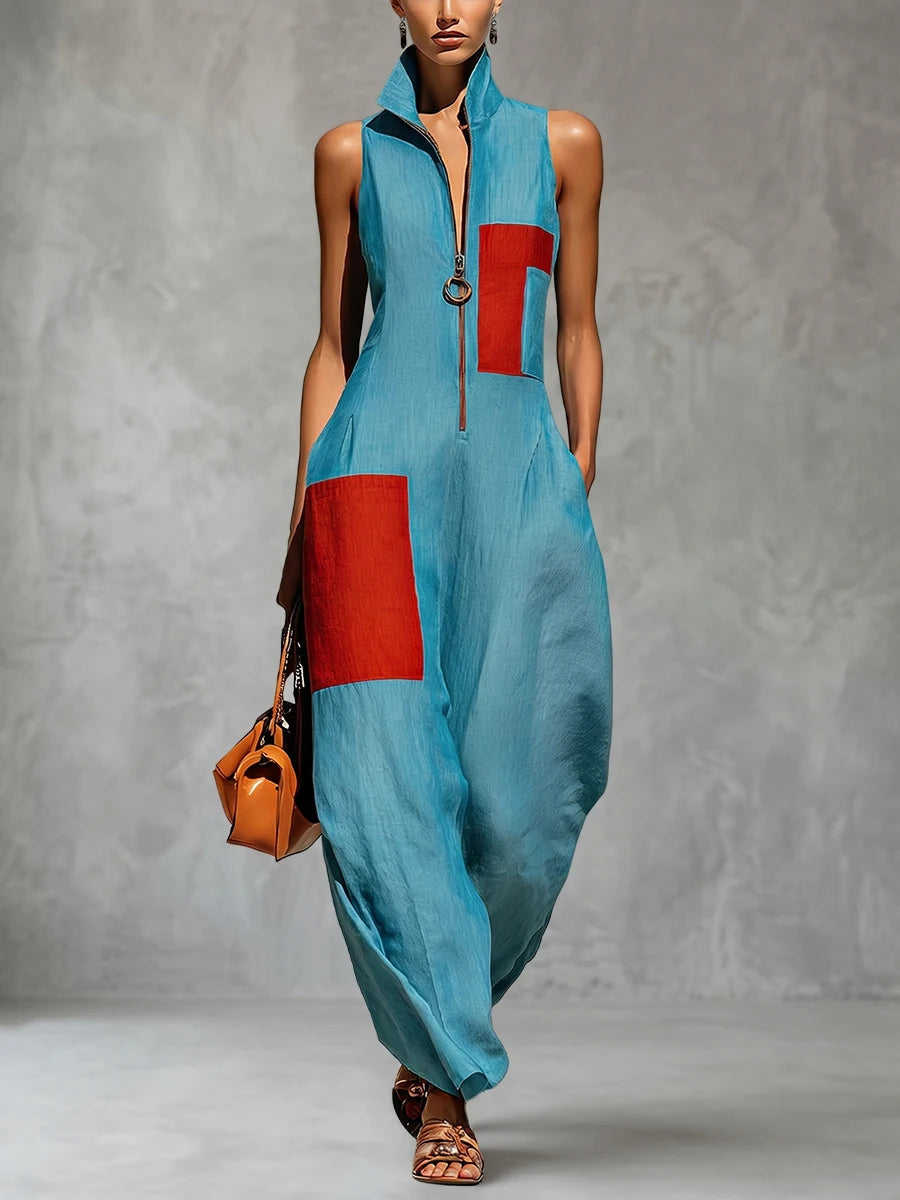 Modigirl Women Contrast Color Lapel Jumpsuit Sleeveless Wide Leg Loose Pocketed Casual Outfits Women's Jumpsuits woman clothes