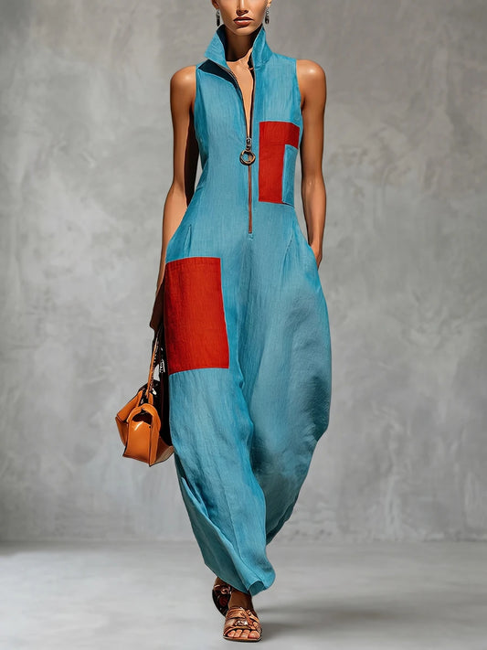 Modigirl Women Contrast Color Lapel Jumpsuit Sleeveless Wide Leg Loose Pocketed Casual Outfits Women's Jumpsuits woman clothes