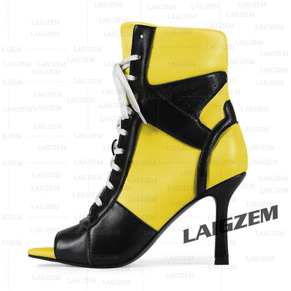 LAIGZEM Women Ankle Boots Patchwork Peep Toe Thin High Heels Boots Lace up Short Boos Ladies Handmade Shoes Woman Size 39 41 43