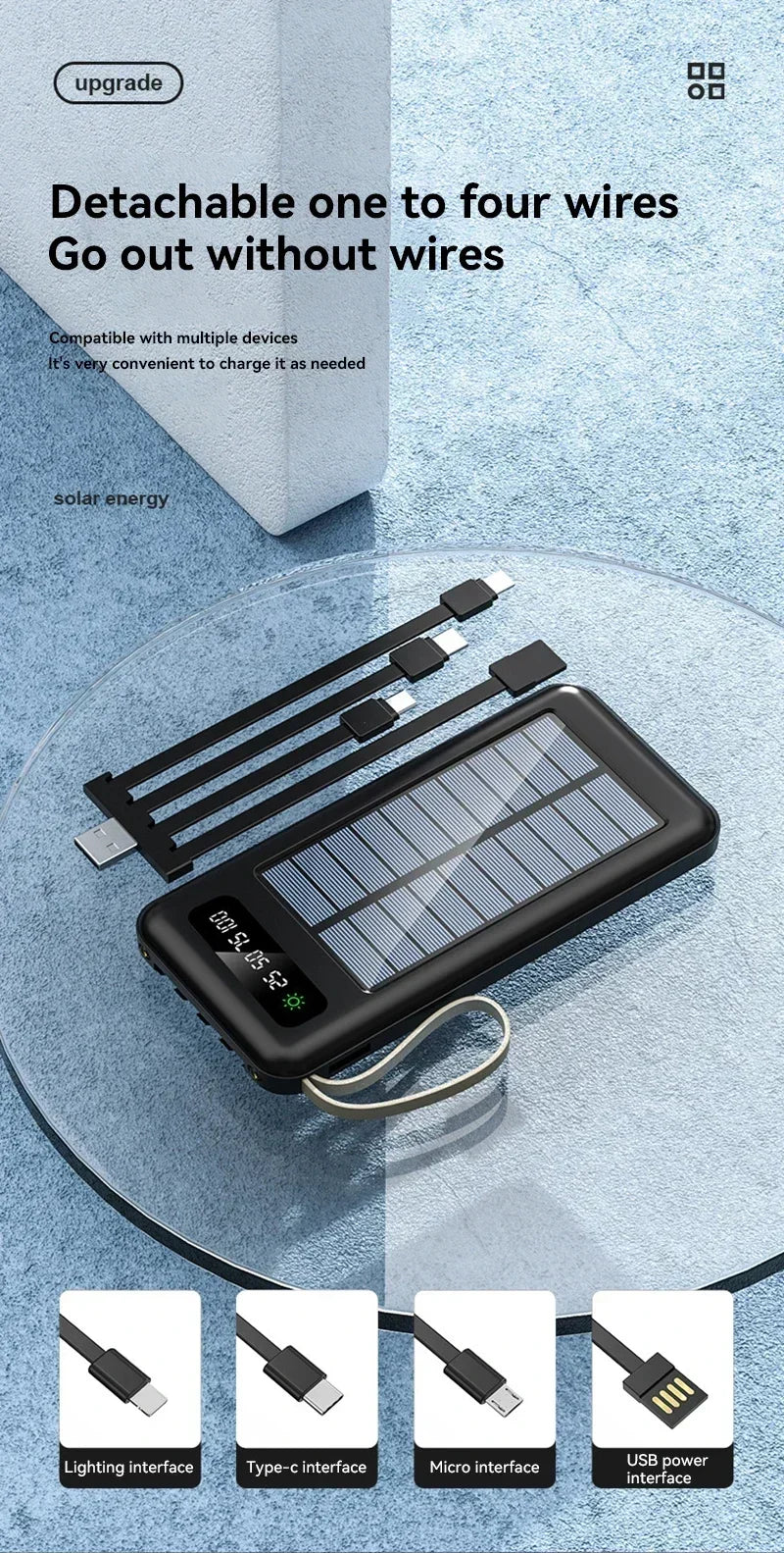 VIVO 200000mAh Solar Power Bank Large Capacity Mobile Power Fast Charging Battery Dual USB 4 Cables For iPhone Samsung Huawei