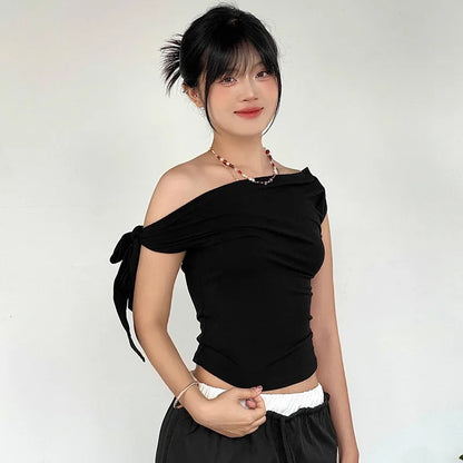 2025 Women'S Summer Ins Style New Shrink Pleated One-Shoulder Crop Top Backless Twist Tie Asymmetric T-Shirt Casual Top