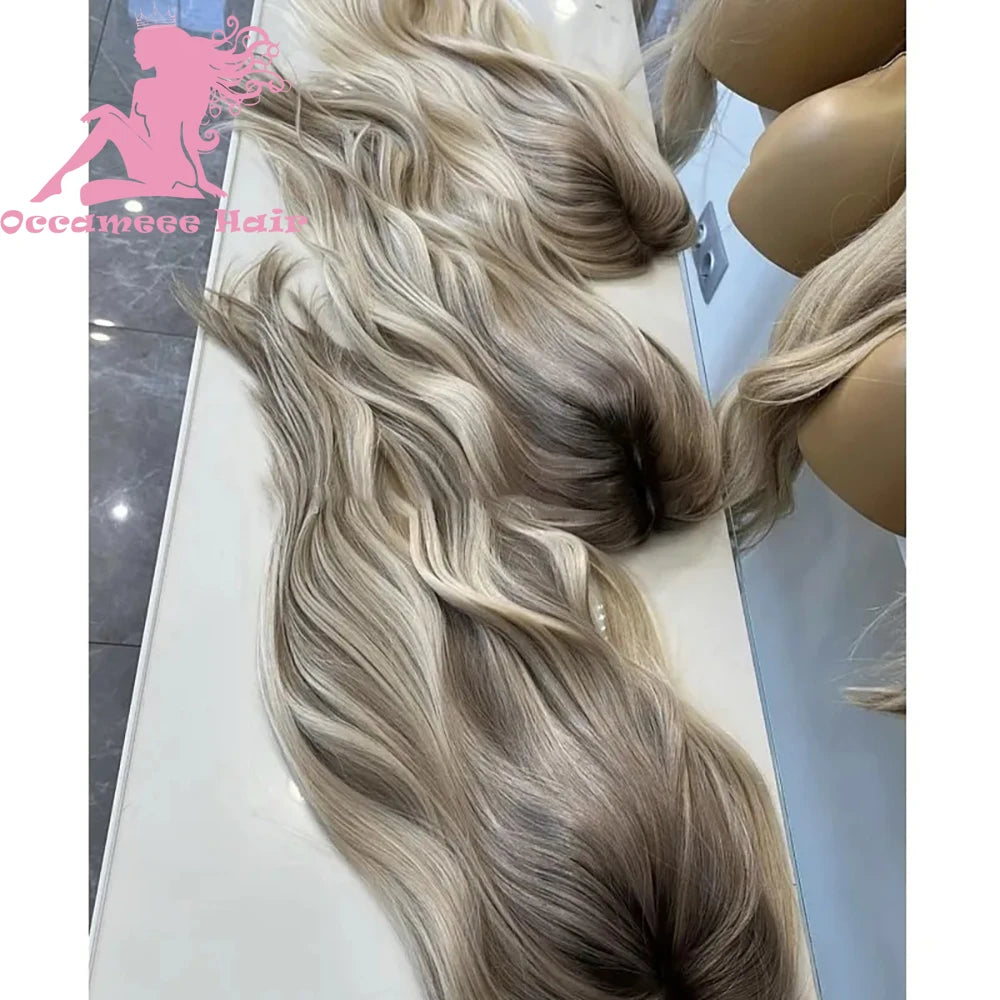 Ash Blonde Human Hair Wig Dark Roots Transparent Lace Frontal Human Hair Wigs 13x4 Lace Front Wigs with Baby Hair Pre Plucked Na