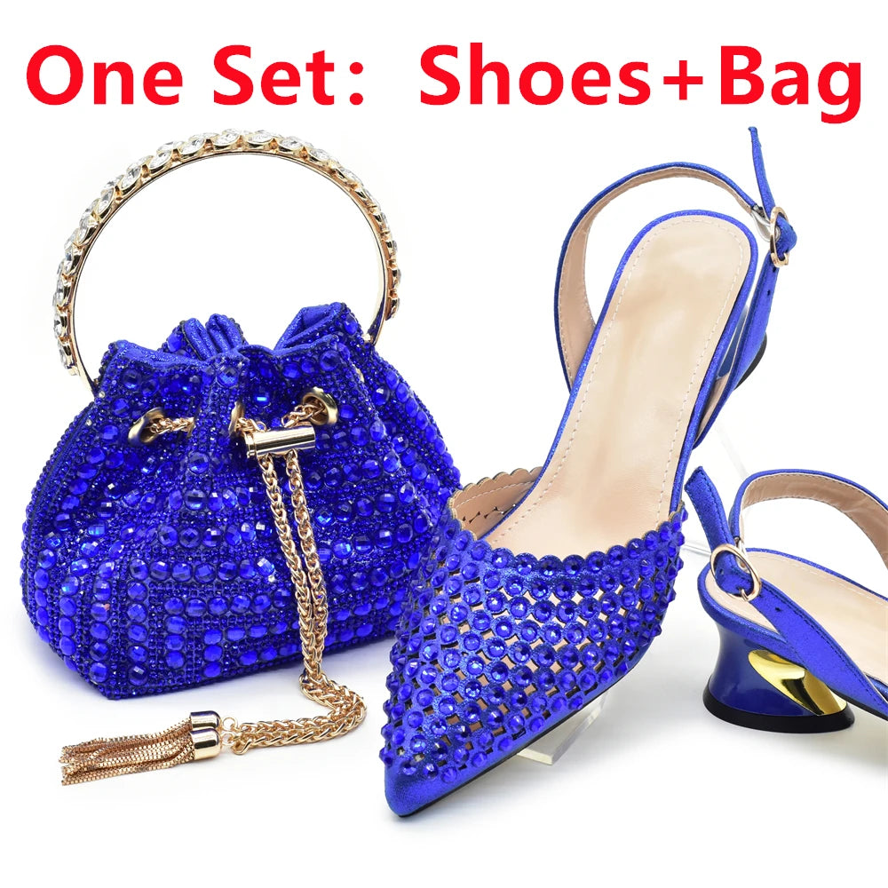 Fashion Royal Blue Shoe and Bag Set Decorated with Rhinestone Nigeria Italian Shoes and Matching Bags Elegant Heeled Women Pumps