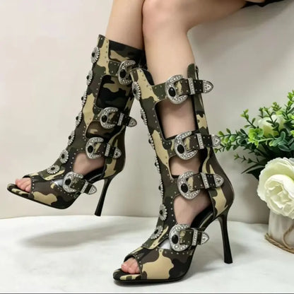 Women's 2026 Peep Toe Rhinestone Buckle Cutout Gothic Floral Mid-Calf Boots Punk Motorcycle Party Shoes with Rivets
