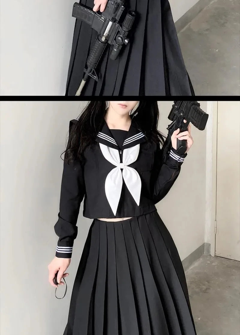 Japanese School Uniforms Student Style Girls Navy Costume Women Sexy Black JK Long Dress Suit Sailor Blouse Pleated Skirt Set
