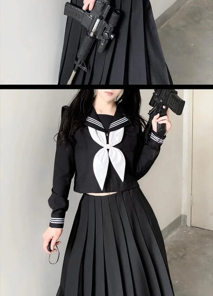 Japanese School Uniforms Student Style Girls Navy Costume Women Sexy Black JK Long Dress Suit Sailor Blouse Pleated Skirt Set