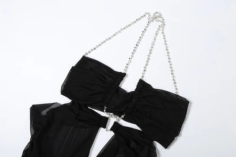 Prom Party Gown Dress Woman Sexy See Through Luxury Chain Halter Low-Neck Backless Sleeveless Midnight Elegant Vestidos