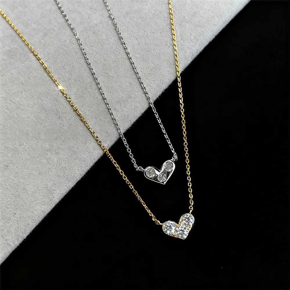 EWYA 3-Stone Round Cut Full Moissanite Pendant Necklace Heart Shape for Woman 925 Silver Certified Lab Diamond Lucky Neck Chain