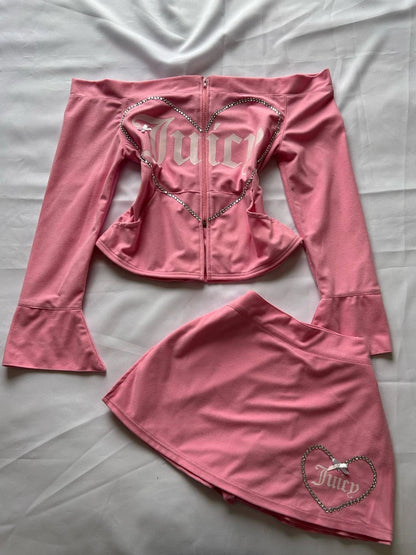 Y2K Pink High Waist Mini Skirt with Rhinestone Heart Juicy Logo Bow Soft Velour A-line Preppy Kawaii Streetwear for Women
