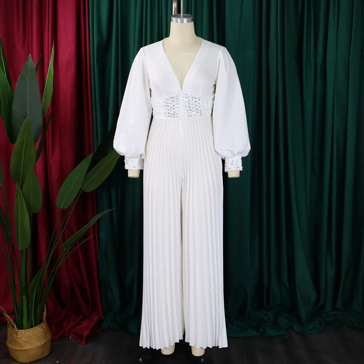 CM.YAYA Women Diamonds Long Sleeve Pleated V-neck Wide Leg Long Jumpsuits Party Beach Fashion Street Sexy Africa Outfit Rompers