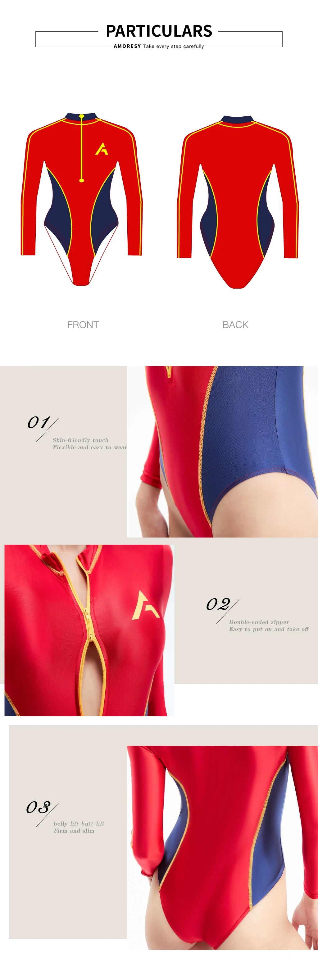 AMORESY Women High-waisted Satin Smooth Swimming Tights Long Sleeve Patchwork Surfing Leotards Front Zipper One Piece Swimsuits
