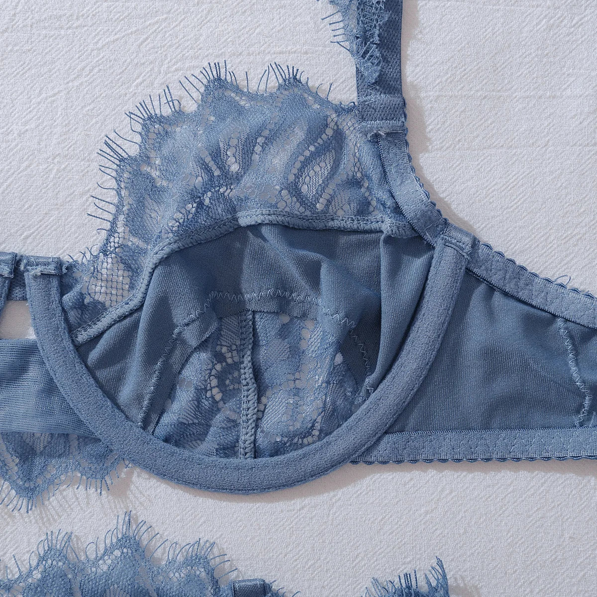 Sexy Blue Eyelash Lace Lingerie Set 4Pcs Satin Bra Peplum Ruffle Garter Belt with Rosebud Panties Stockings Women Nightwear