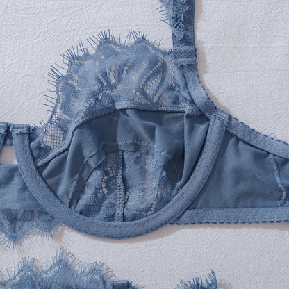 Sexy Blue Eyelash Lace Lingerie Set 4Pcs Satin Bra Peplum Ruffle Garter Belt with Rosebud Panties Stockings Women Nightwear