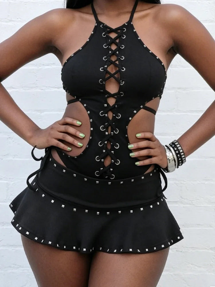 Summer Women Gothic Alt Streetwear Silver Square Rivet Trim Solid Black Ruffle Hem Low Waist Micro Mini Skirt