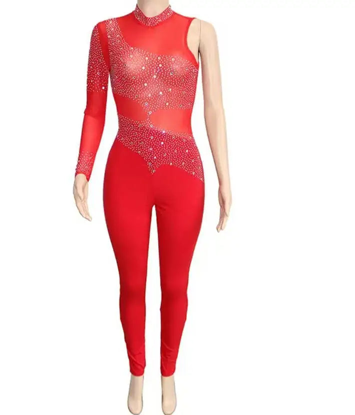 Sexy Club Jumpsuits for Women Rhinestone Decor Sheer Mesh Long Sleeved Party Birthday Outfits Nightclub Romper Overalls 2024